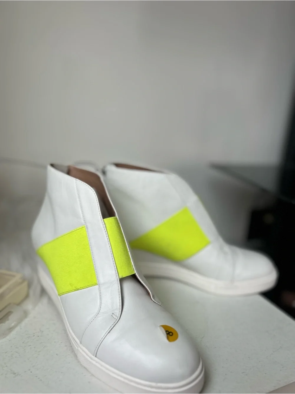 Paolo White Ankle Boots with Neon Yellow Elastic Band 8